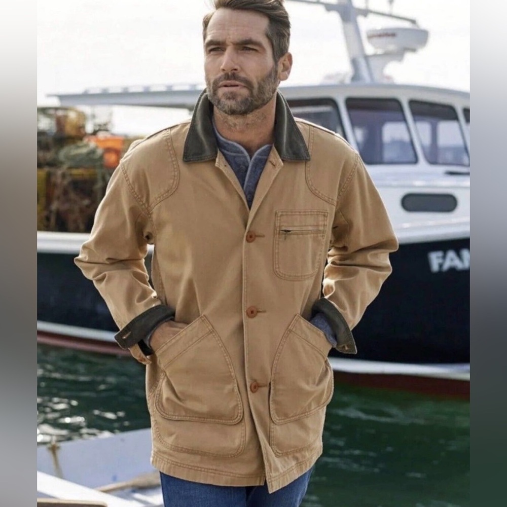 L.L. Bean Tan Canvas Field Jacket with Dark Brown Collar